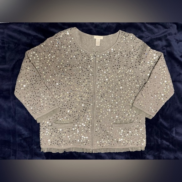 Chico's Gray Sequin Cardigan, Elegant, Festive, Sparkly Zip Up Size 2 - Picture 1 of 5